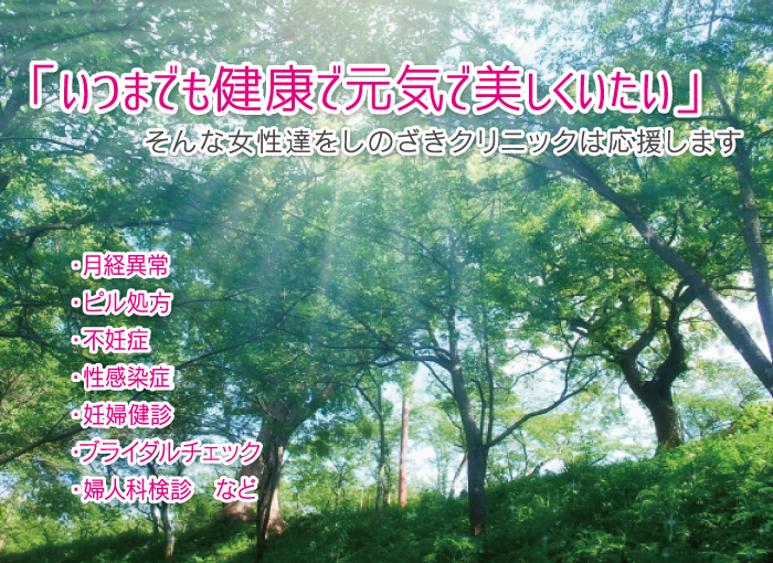「いつまでも健康で元気で美しくいたい」
そんな女性達をしのざきクリニックは応援します
・月経異常
・ピル処方
・不妊症
・性感染症
・妊婦健診
・ブライダルチェック
・婦人科検診　など