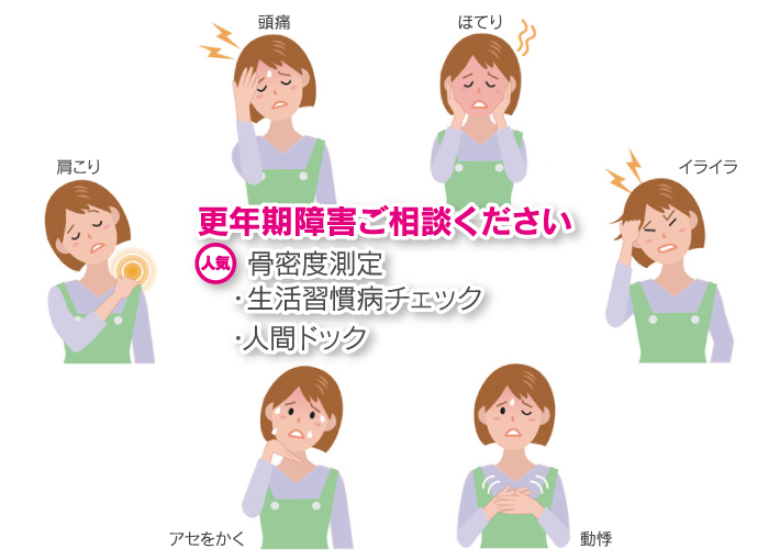 更年期障害ご相談ください
[人気！]骨密度測定
　・生活習慣病チェック
　・人間ドック